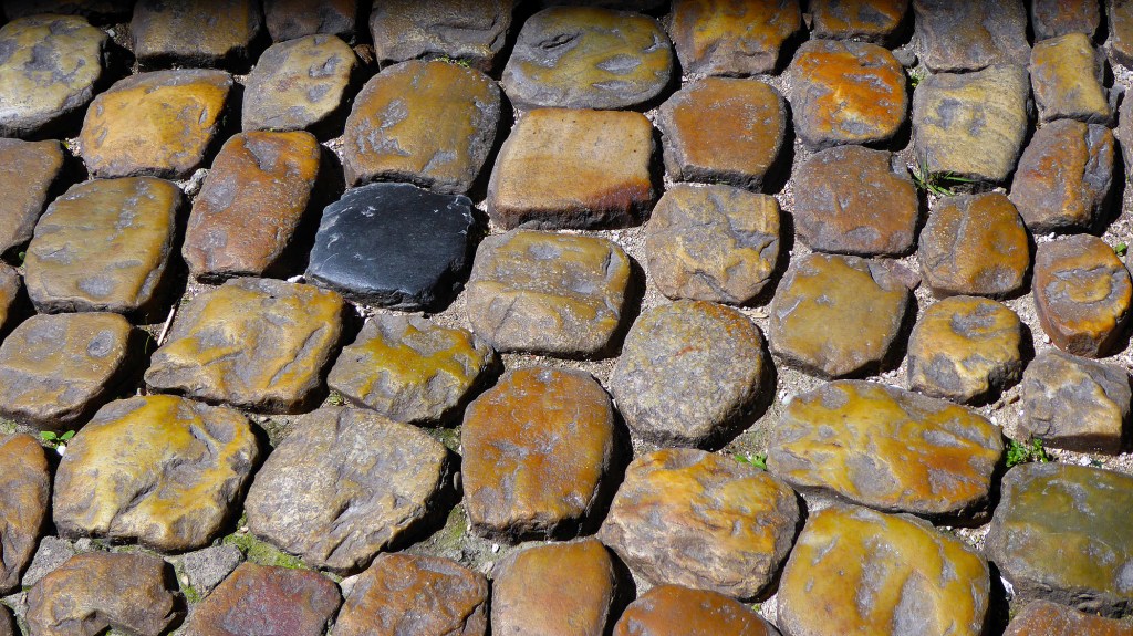 L.E. Paulson©   Cobblestone Texture - Arles, France,  cobblestones with one black stone.
