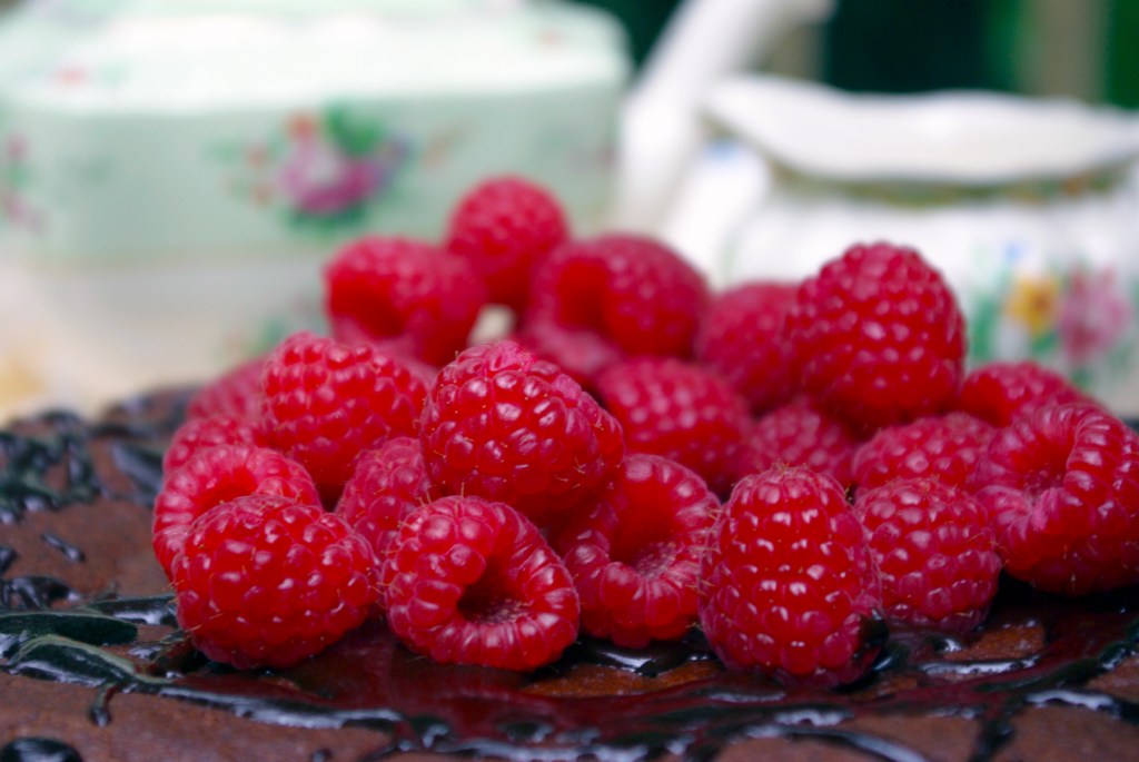 L.E. Paulson©   Chocolate Raspberry Cake for Tea  - Gluten free chocolate single layer cake with fresh raspberries and vintage china